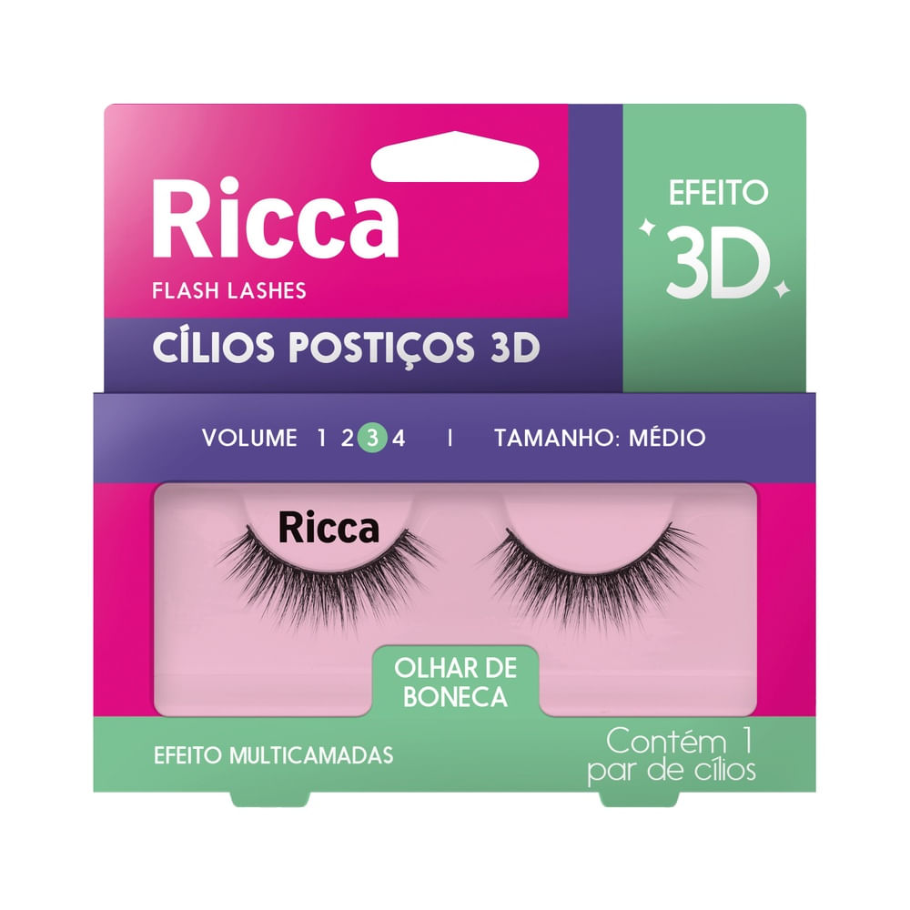 Cílios Postiços Ricca Efeito 3D Volume 03 Médio 407 na embalagem com fundo rosa e verde